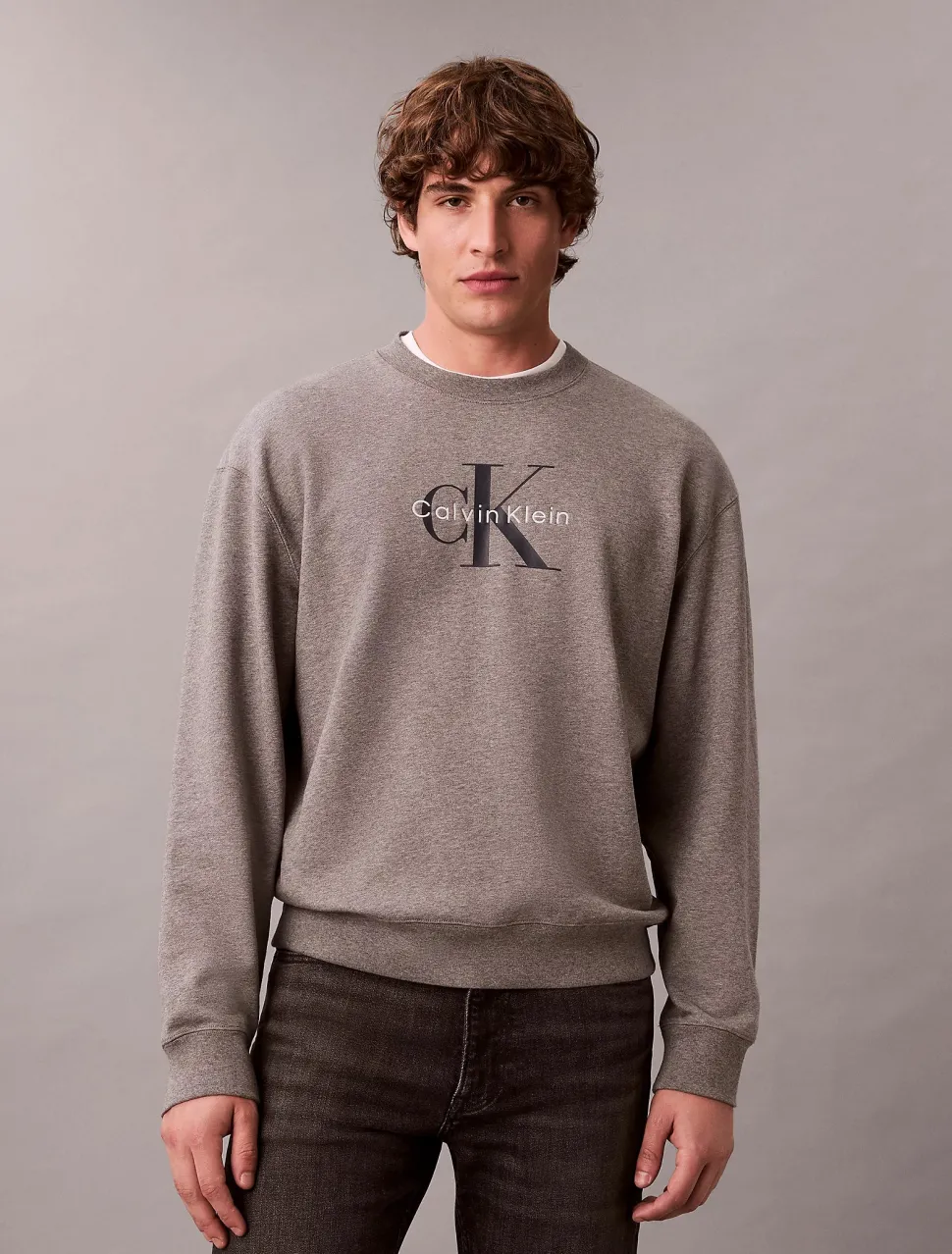 Calvin Klein Jeans miesten collegepaita LS EU 350Terry Monologo CN Swtsh, vaaleanharmaa