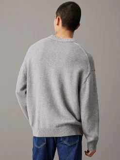 Calvin Klein Jeans Miesten Neulepusero, COTTON WOOL CREW NECK SWEATER Vaaleanharmaa