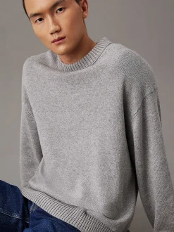 Calvin Klein Jeans Miesten Neulepusero, COTTON WOOL CREW NECK SWEATER Vaaleanharmaa