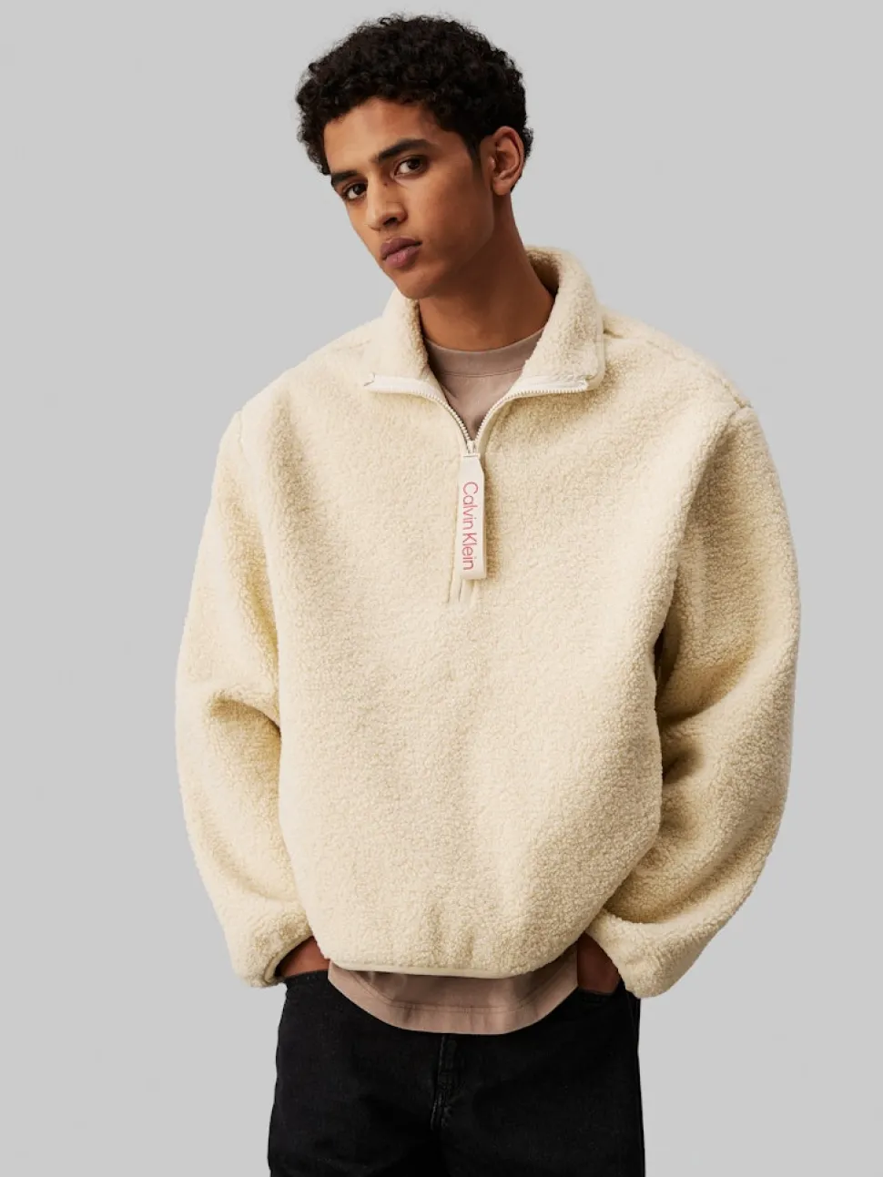 Calvin Klein Jeans Miesten Sherpa, HALF ZIP SHERPA Luonnonvalkoinen