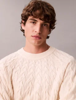 Calvin Klein Menswear miesten neulepaita LS LAMBSWOOL BLENDCABLE CREWNK, luonnonvalkoinen