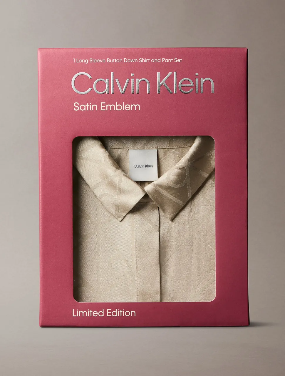 Calvin Klein naisten pyjamasetti K-SATIN AOP SET, vaalea beige