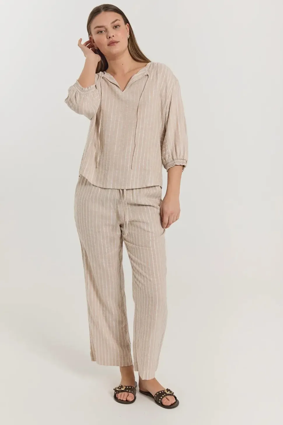 Freequent naisten housut, LALUX PANTS Raidallinen Beige
