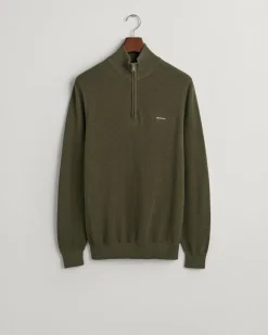 Gant miesten neule, COTTON PIQUE HALF ZIP Tummanvihreä