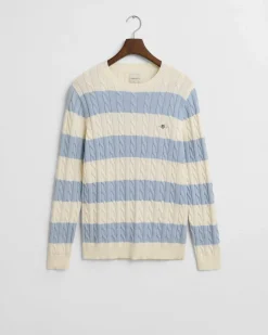 Gant miesten neule, STRIPED COTTON CABLE C-NECK Raita Vaaleansininen