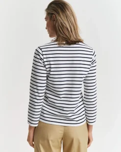 Gant naisten paita, REG BRETON C-NECK T-SHIRT Raidallinen Valkoinen