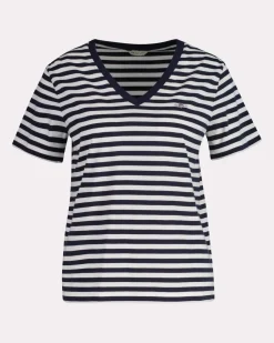 Gant naisten t-paita, REG STRIPED SHIELD V-NECK T-SHIRT Raidallinen Sininen