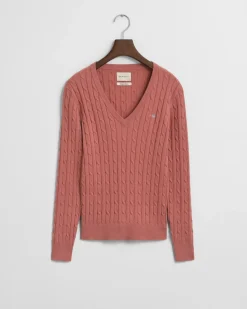 Gant neule, STRETCH COTTON CABLE V-NECK Vaaleanpunainen