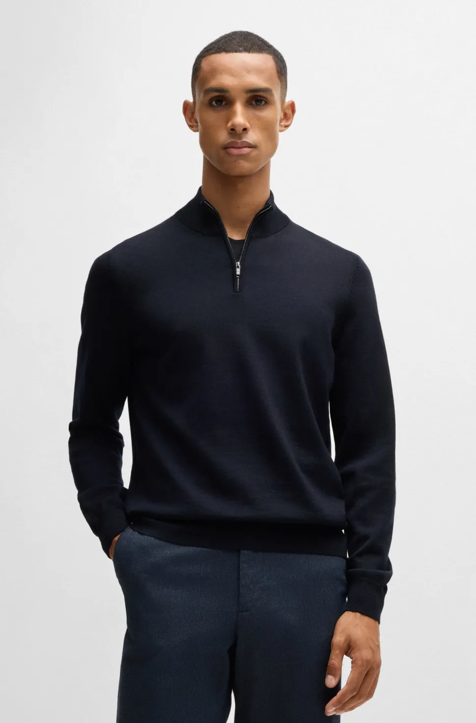 Hugo Boss Miesten Neulepusero, HALF ZIP MERINO Tummansininen