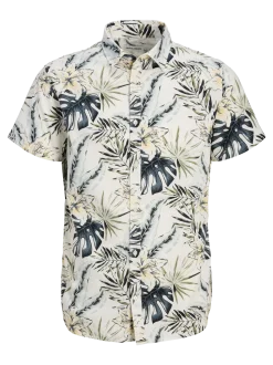 Jack and Jones miesten lyhythihainen kauluspaita, JJHAWAII AOP SHIRT SS Cloud Dancer