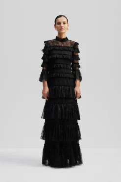 Malina naisten mekko, CARMINE LONG SLEEVE LACE MAXI DRESS Musta