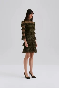 Malina naisten mekko, CARMINE FRILL LACE MINI DRESS Tummanvihreä