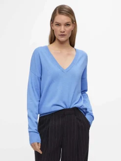 Object Naisten Neule, OBJTHESS L/S V-NECK KNIT PULLOVER NOOS Vaaleansininen