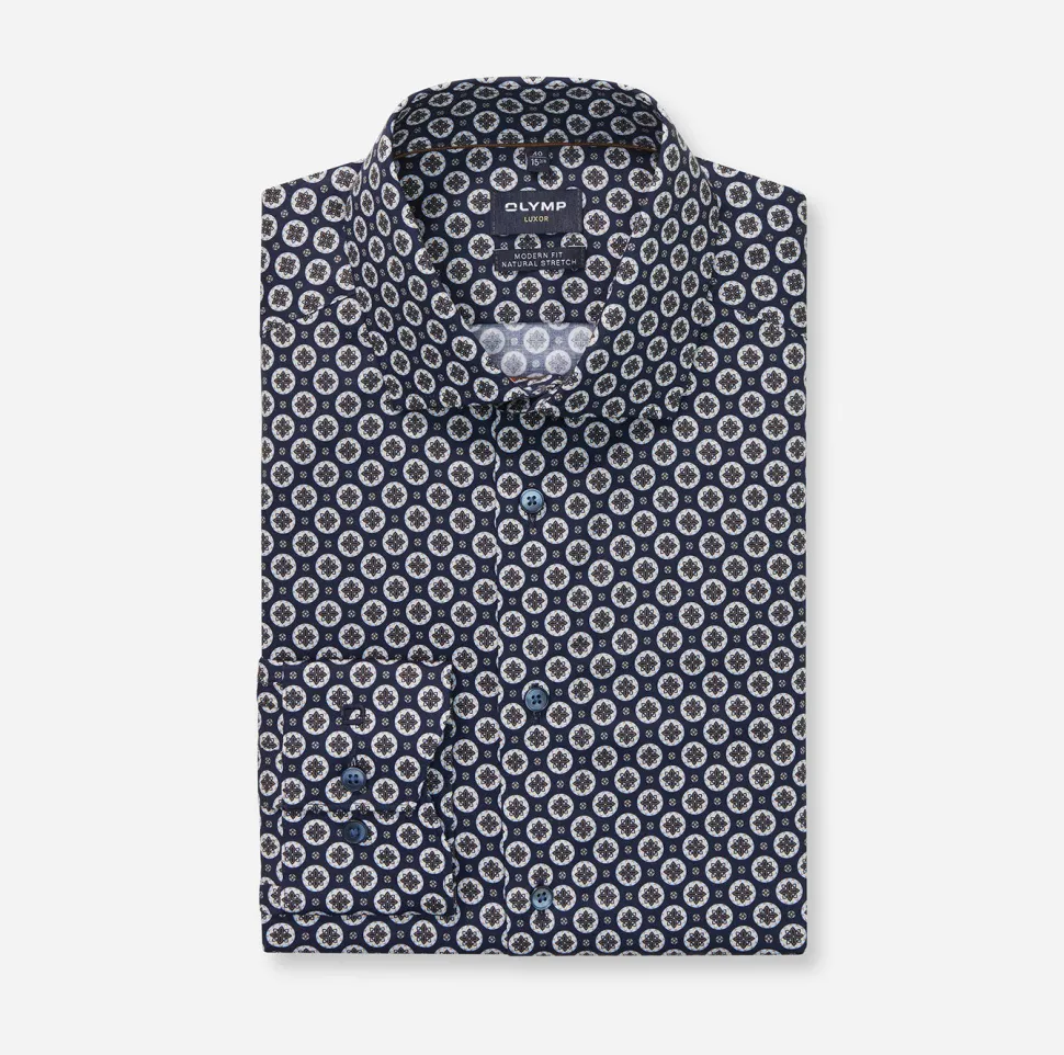 Olymp miesten kauluspaita, 042 LUXOR MODERN FIT MICRO PRINT Sininen Kuosi