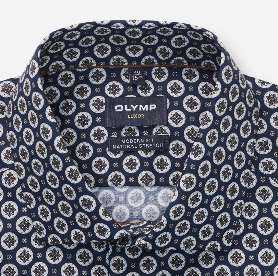 Olymp miesten kauluspaita, 042 LUXOR MODERN FIT MICRO PRINT Sininen Kuosi