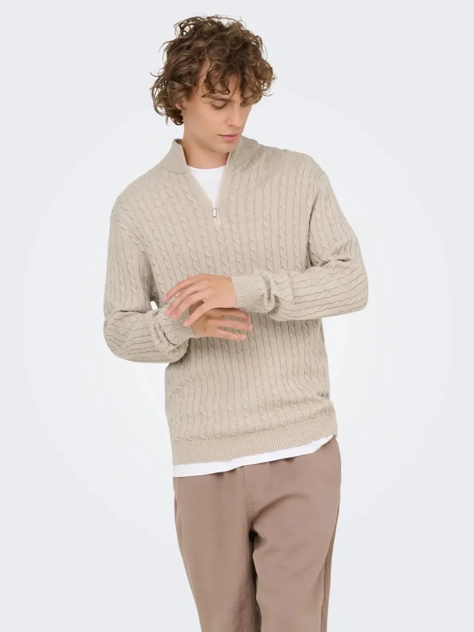 Only and Sons miesten neulepusero ONSLOUI CABEL HALF ZIP KNIT, Oatmeal Melange