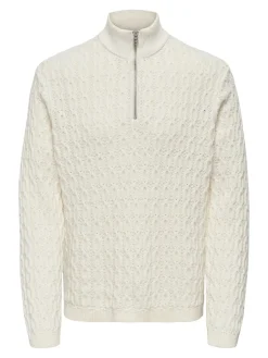 Only and Sons miesten neulepusero LEONARD LIFE REG HALF ZIP CABLE COTTON, Antique White