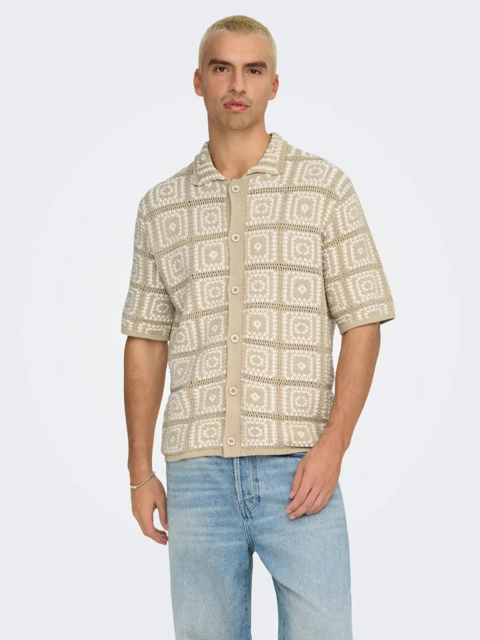 Only and Sons miesten paita, BART RLX SS SHIRT KNIT Silver Lining Egret