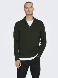 Only and Sons neule, PHIL COTTON HALF ZIP Armeijanvihreä