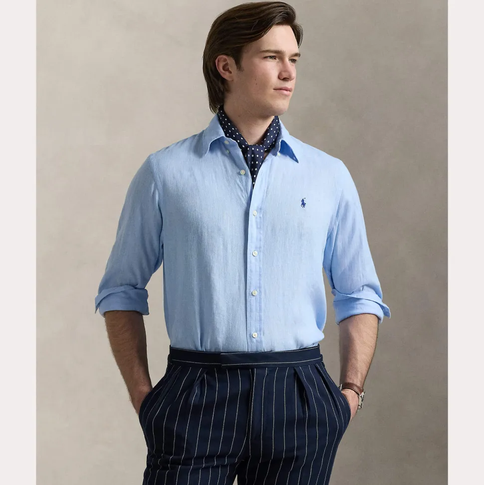 Polo Ralph Lauren miesten kauluspaita, POLO LINEN SHIRT LS CUSTOM FIT Keskisininen