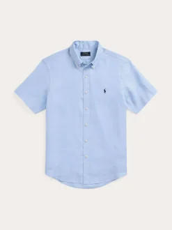 Polo Ralph Lauren miesten lyhythihainen kauluspaita, POLO LINEN SHIRT SS CUSTOM FIT Keskisininen