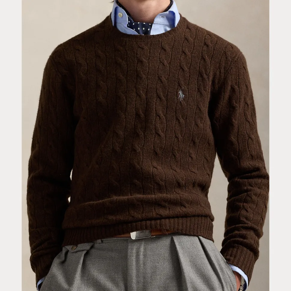 Polo Ralph Lauren miesten neulepusero LSCABLECNPP LONG SLEEVE PULLOVER, tummanruskea