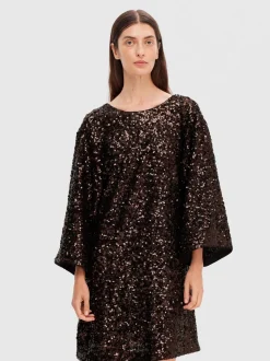 Selected Femme Naisten Mekko, AD-SLFMALLIE SS SHORT SEQUINS DRESS SUS Tummanruskea