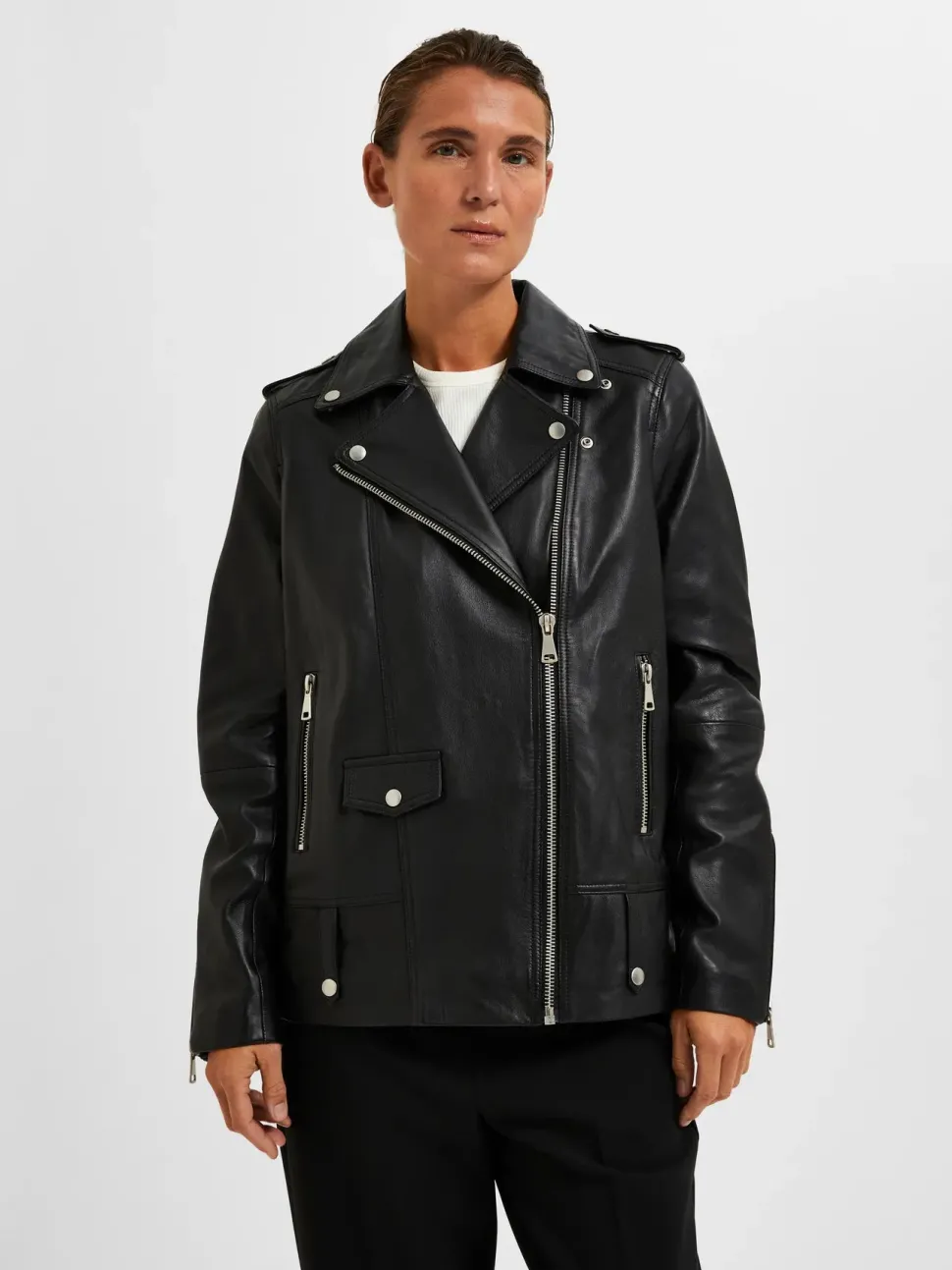 Selected Femme Naisten Nahkatakki, SLFMADISON LEATHER JACKET NOOS Black