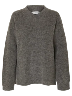 Selected Femme naisten neulepusero, SLFSIA RAS LS KNIT LONG V-NECK Medium Grey Melange