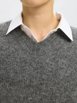 Selected Femme naisten neulepusero, SLFSIA RAS LS KNIT LONG V-NECK Medium Grey Melange
