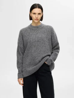 Selected Femme naisten neule, SLFMALINE LS KNIT HIGH NECK Grafiitti