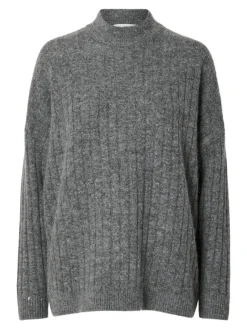 Selected Femme naisten neule, SLFMALINE LS KNIT HIGH NECK Grafiitti