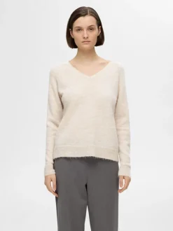 Selected Femme Naisten Neule, SLFLULU NEW LS KNIT V-NECK B NOOS Luonnonvalkoinen