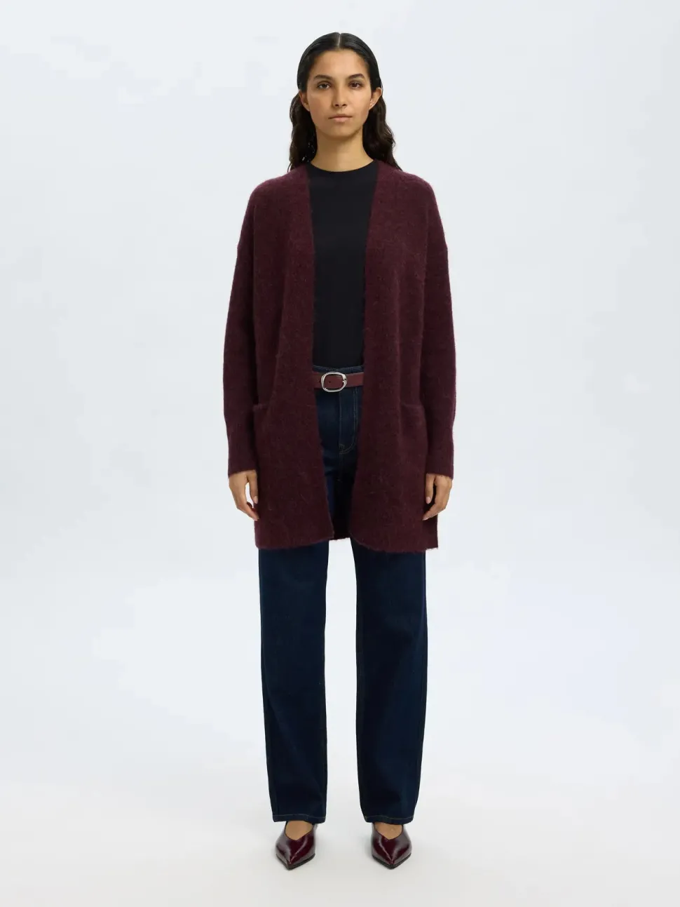 Selected Femme Naisten Neuletakki Lulu New Knit Long Cardigan Fig Melange