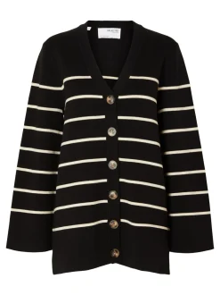 Selected Femme Naisten Neuletakki, K-SLFLIVA LS LONG KNIT CARDIGAN NOOS Raidallinen Musta