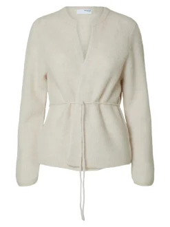 Selected Femme Naisten Neule, SLFSIA RAS LS KNIT BELT CARDIGAN Luonnonvalkoinen