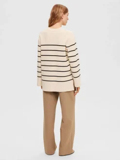 Selected Femme Naisten Neuletakki, K-SLFLIVA LS LONG KNIT CARDIGAN NOOS Raidallinen Beige
