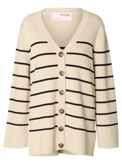 Selected Femme Naisten Neuletakki, K-SLFLIVA LS LONG KNIT CARDIGAN NOOS Raidallinen Beige