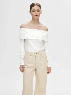 Selected Femme naisten paita,SLFEFFIE LS OFF-SHOULDER TOP Luonnonvalkoinen