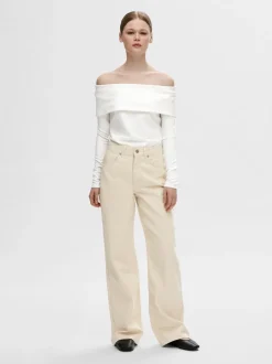 Selected Femme naisten paita,SLFEFFIE LS OFF-SHOULDER TOP Luonnonvalkoinen
