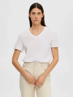 Selected Femme Naisten T-paita SLFESSENTIAL SS V-NECK TEE NOOS Bright White