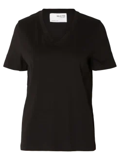 Selected Femme Naisten T-paita SLFESSENTIAL SS V-NECK TEE NOOS Black