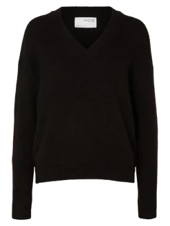 Selected Femme neule, SLFMALINE LS KNIT V-NECK Musta