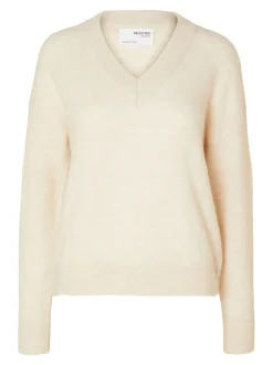 Selected Femme neule, SLFMALINE LS KNIT V-NECK Luonnonvalkoinen