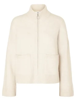 Selected Femme neuletakki, SLFSIA RAS LS KNIT ZIPPER CARDIGAN Luonnonvalkoinen