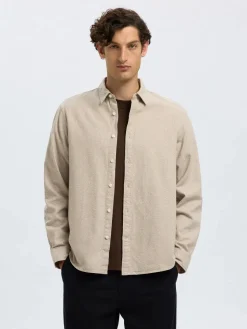 Selected miesten kauluspaita, REG NOAH BRUSHED TWIST SHIRT Egret Twisted Chinchilla