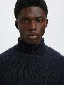 Selected miesten neulepusero K DANE LS KNIT STRUCTURE ROLLNECK NOS, navy