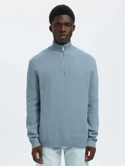 Selected Miesten Neulepusero DANE LS KNIT STRUCTURE HALF ZIP, Dusty Blue