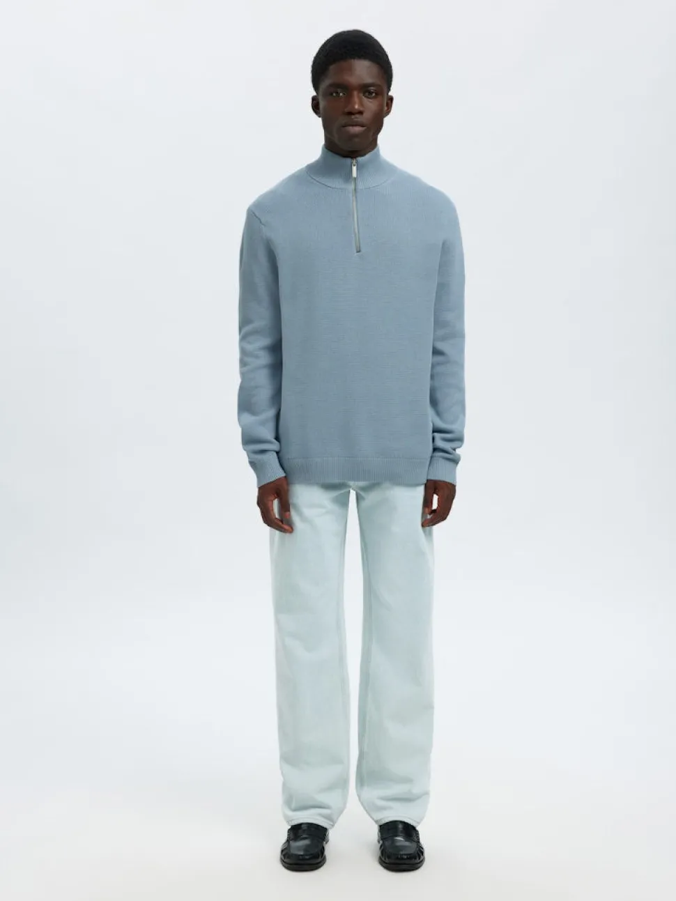 Selected Miesten Neulepusero DANE LS KNIT STRUCTURE HALF ZIP, Dusty Blue
