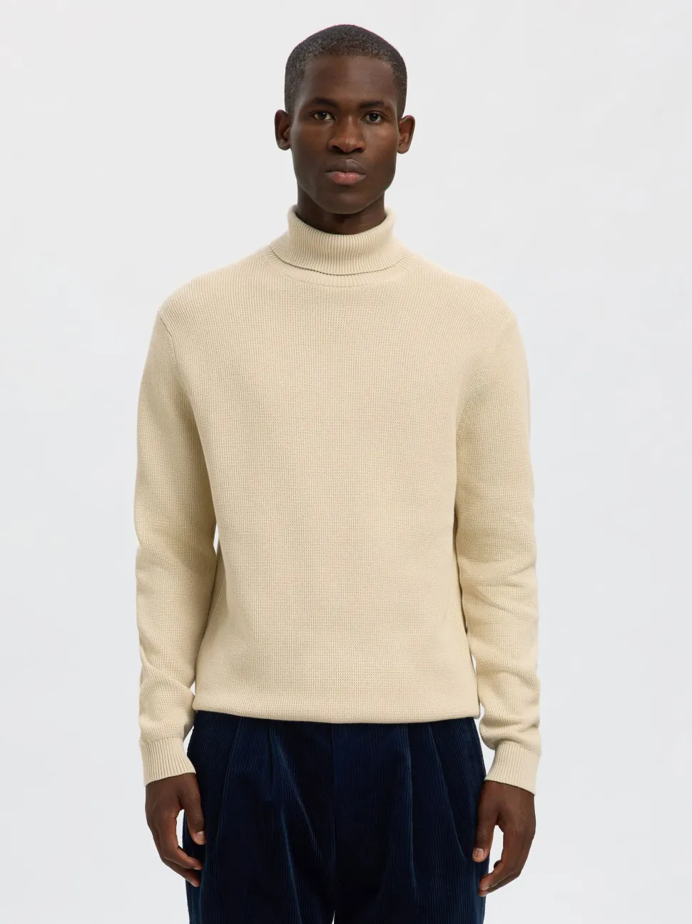Selected miesten neulepusero K DANE LS KNIT STRUCTURE ROLLNECK NOS, oatmeal